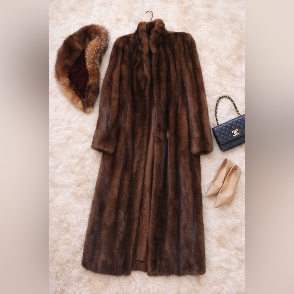 Vintage Full Length Genuine Mink Fur Coat w Fox Trim Collar Brown Luxury Glam